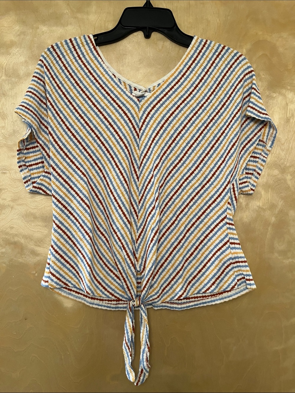 All in Favor Striped Tie-Front Crop Top in Blue, Rust & Cream